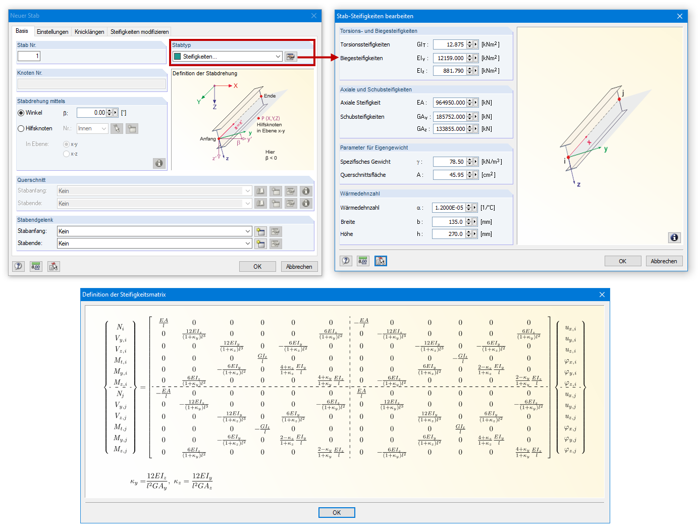 Definition des Stabtypen "Steifigkeiten"