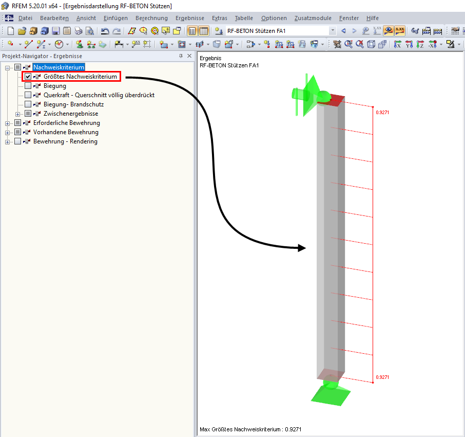Größtes Nachweiskriterium aller Nachweise für das gesamte Bauteil