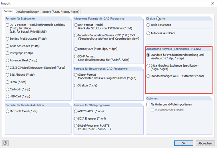 Zusätzliche Importoptionen durch das Modul RF-LINK