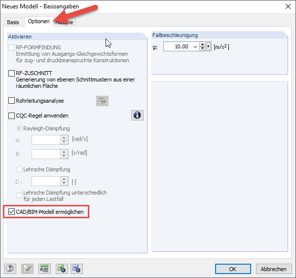 Aktivieren der CAD/BIM Option nach der Auswahl der zu importierenden Datei