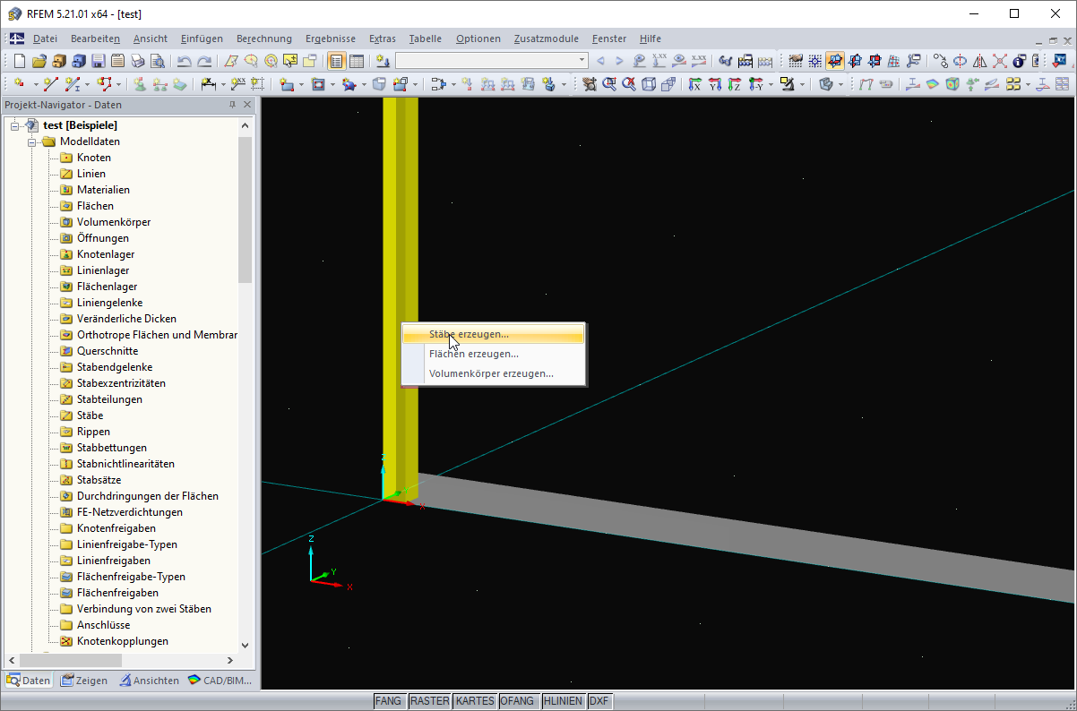 Konvertierung von importierten Elementen in Stäbe, Flächen oder Volumen