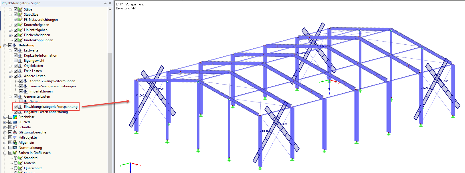 Anzeige der Einwirkungskategorie Vorspannung