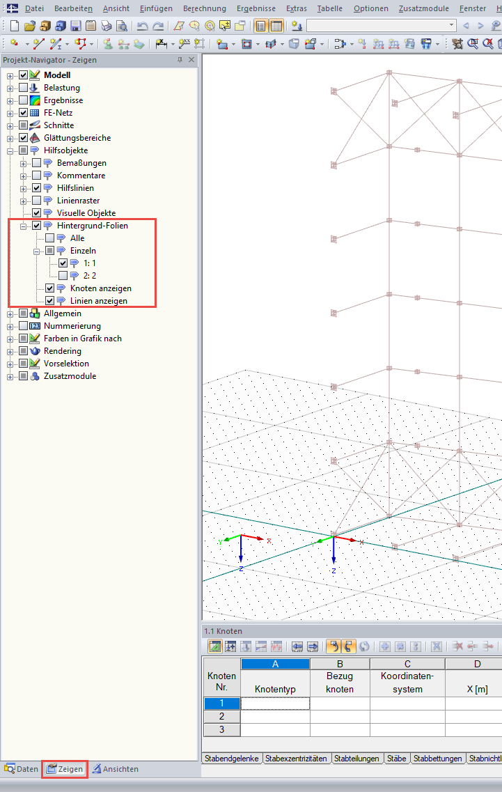 Sichtbarkeiten der Hintergrundfolien