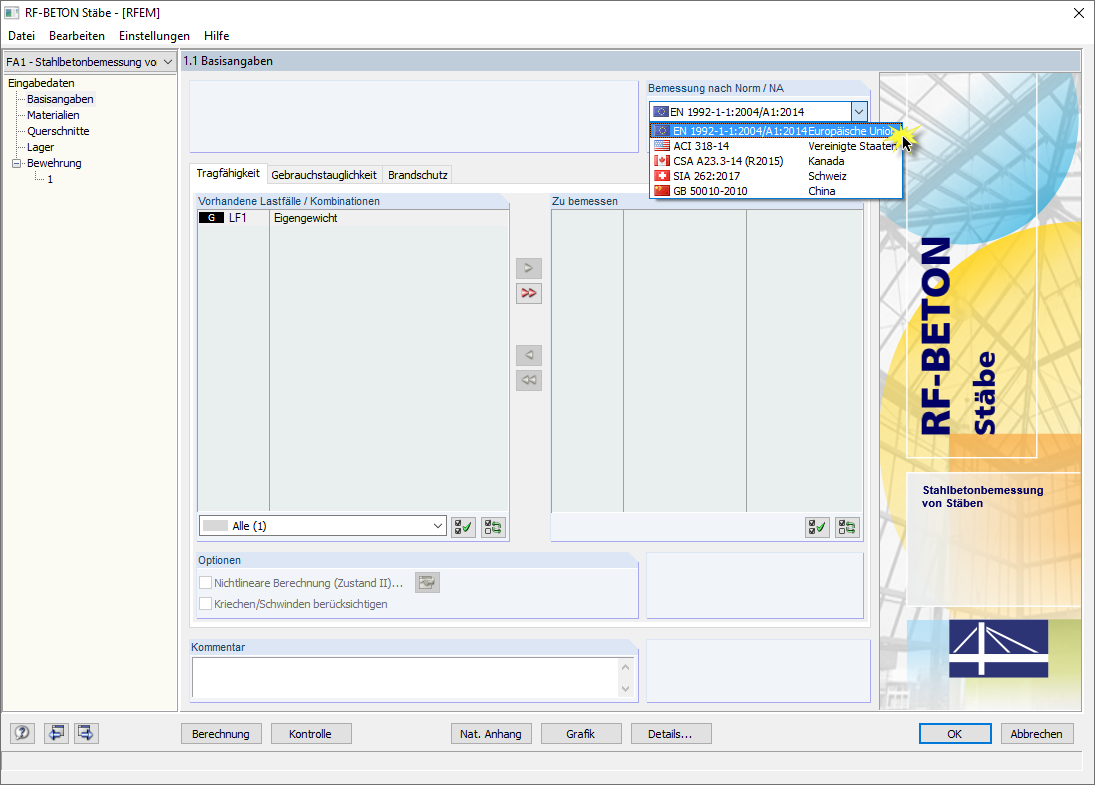 Auswahl des EC2 in RF-BETON Stäbe