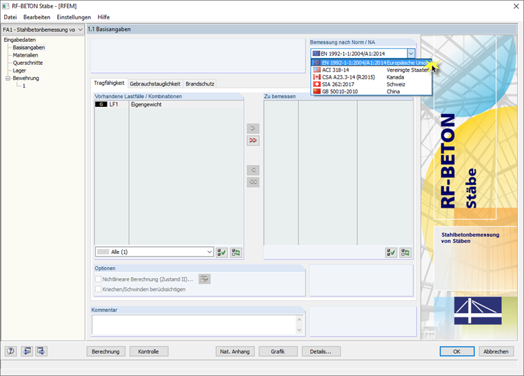 Auswahl des EC2 in RF-BETON Stäbe