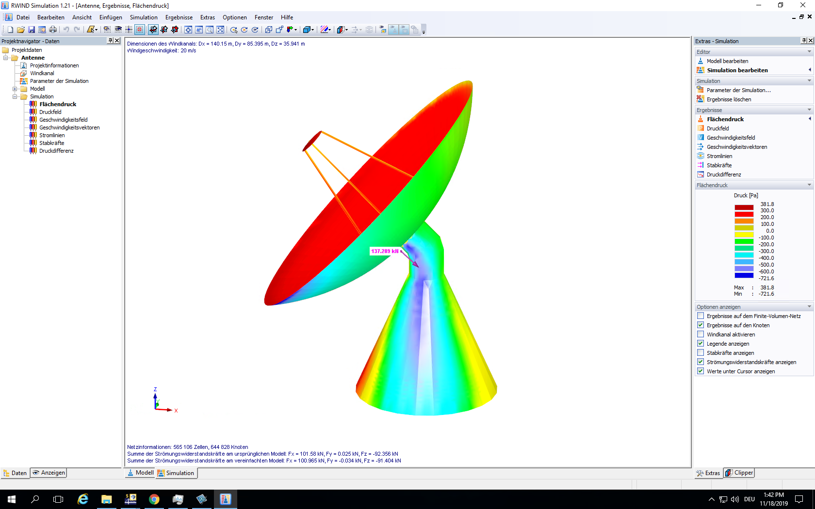 Oberflächendrücke aus Windbelastung auf komplexe Antennenanlage