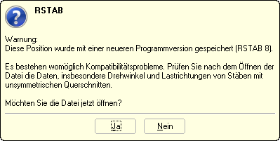 Warnung beim Öffnen einer RSTAB 8-Datei in RSTAB 7