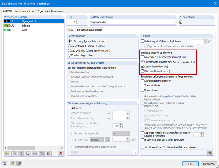 Standardeinstellung bei Lastfällen