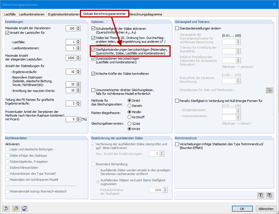 Globale Steuerung der Steifigkeitsänderungen