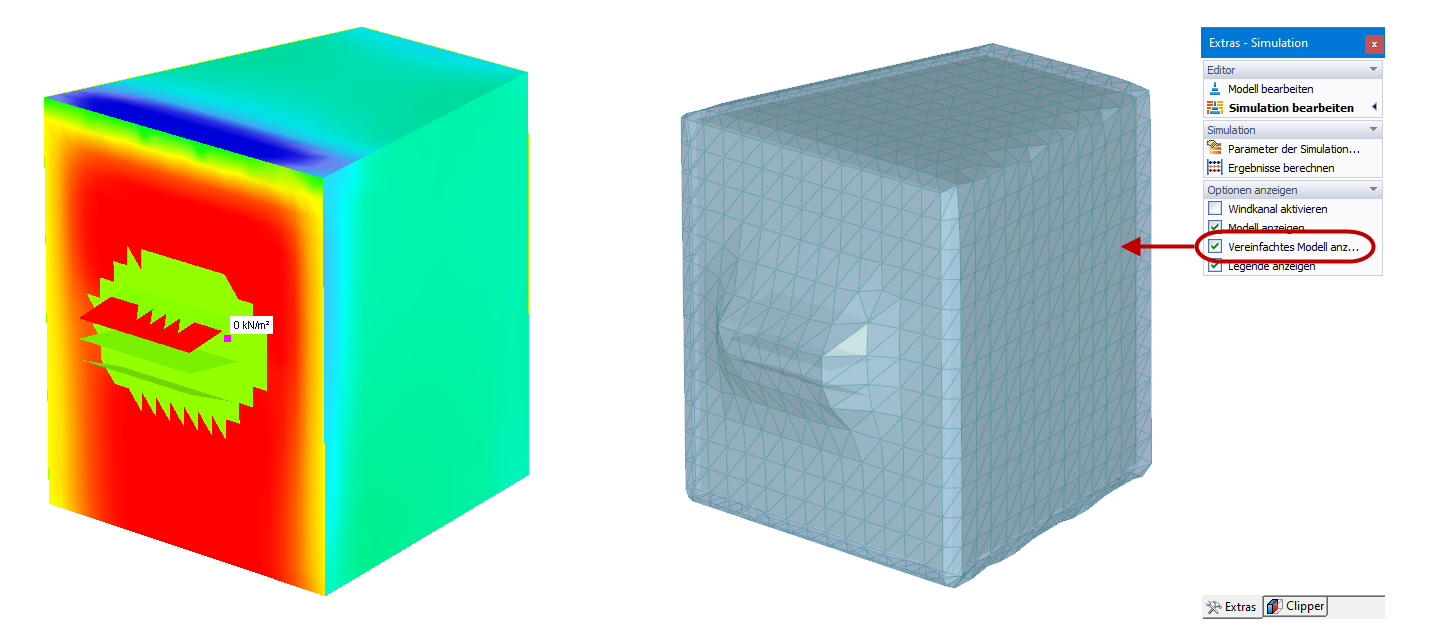 Links: Winddruck auf die Struktur | Rechts: Vereinfachtes Modell