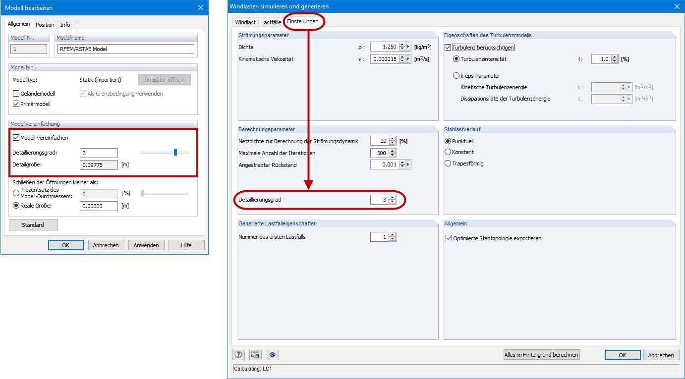 Einstellung des Detaillierungsgrades in RWIND Simulation (links) und in RFEM (rechts)