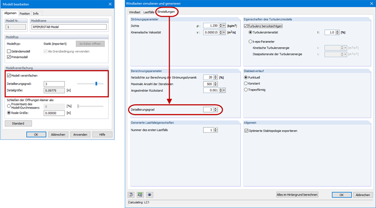 Einstellung des Detaillierungsgrades in RWIND Simulation (links) und in RFEM (rechts)
