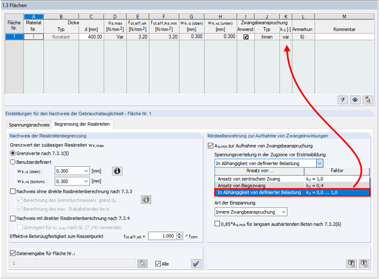 Eingabedialog "1.3 Flächen" mit Einstellung für "Begrenzung der Rissbreiten"