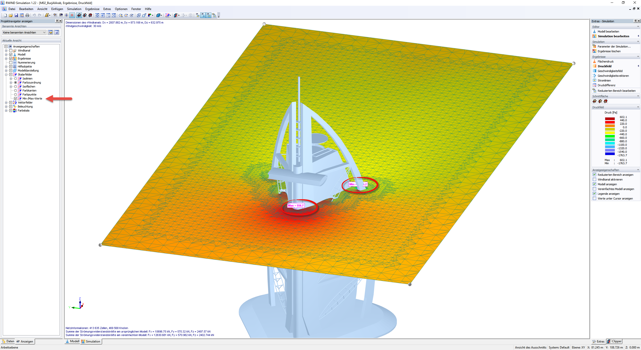 Max-/ Min-Ergebnisse im Druckfeld-Plot