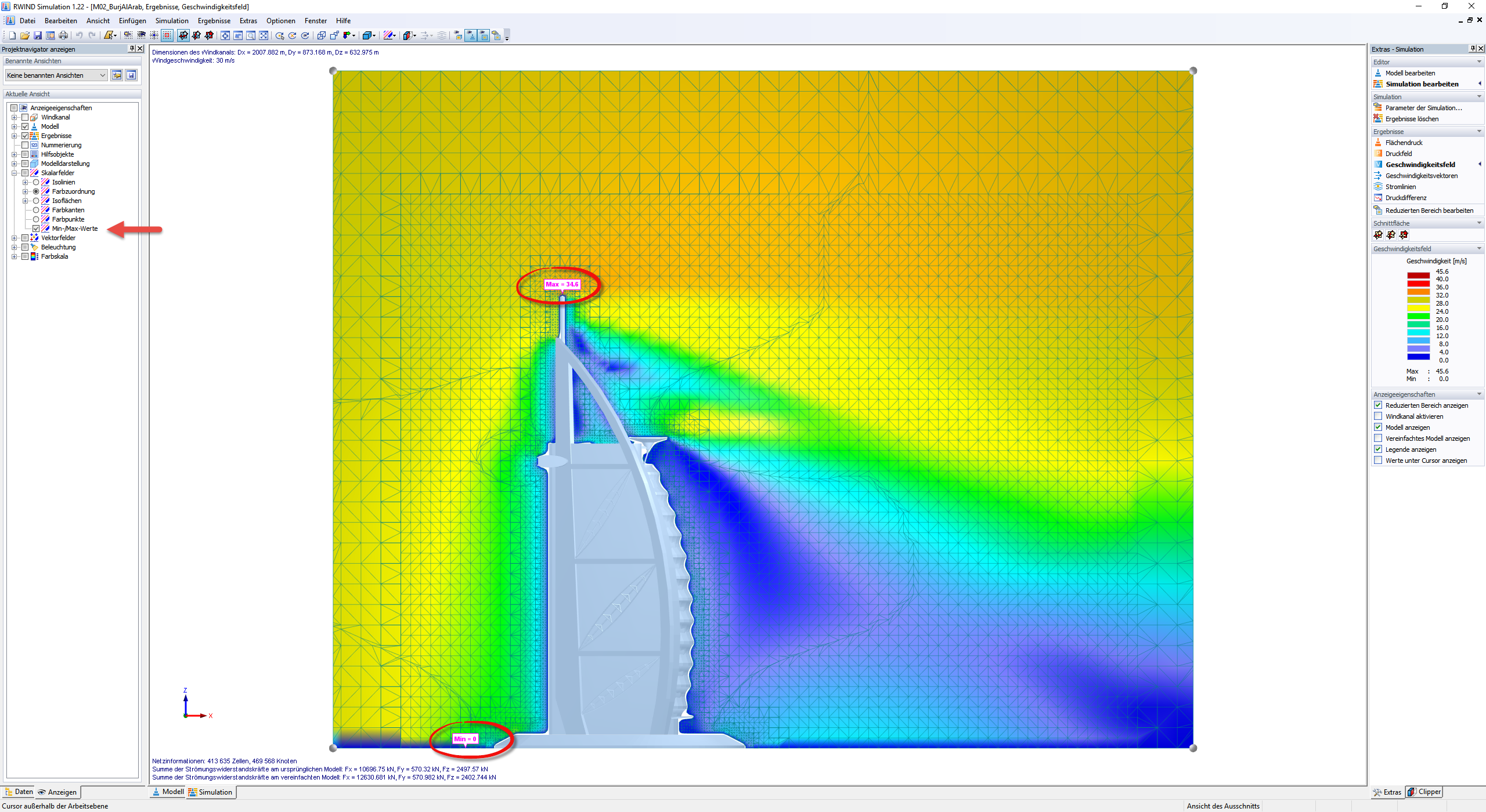 Max-/ Min-Ergebnisse im Geschwindigkeitsfeld-Plot