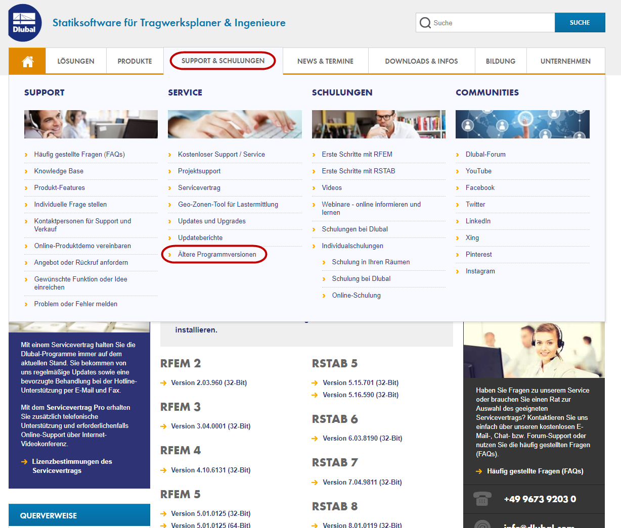 Ältere Programmversionen auf der Dlubal Webseite