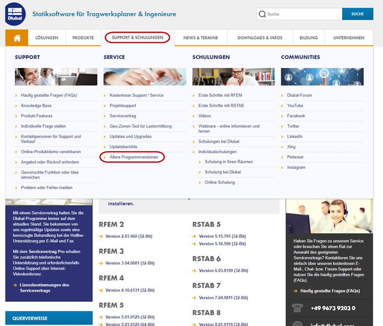 Ältere Programmversionen auf der Dlubal Webseite