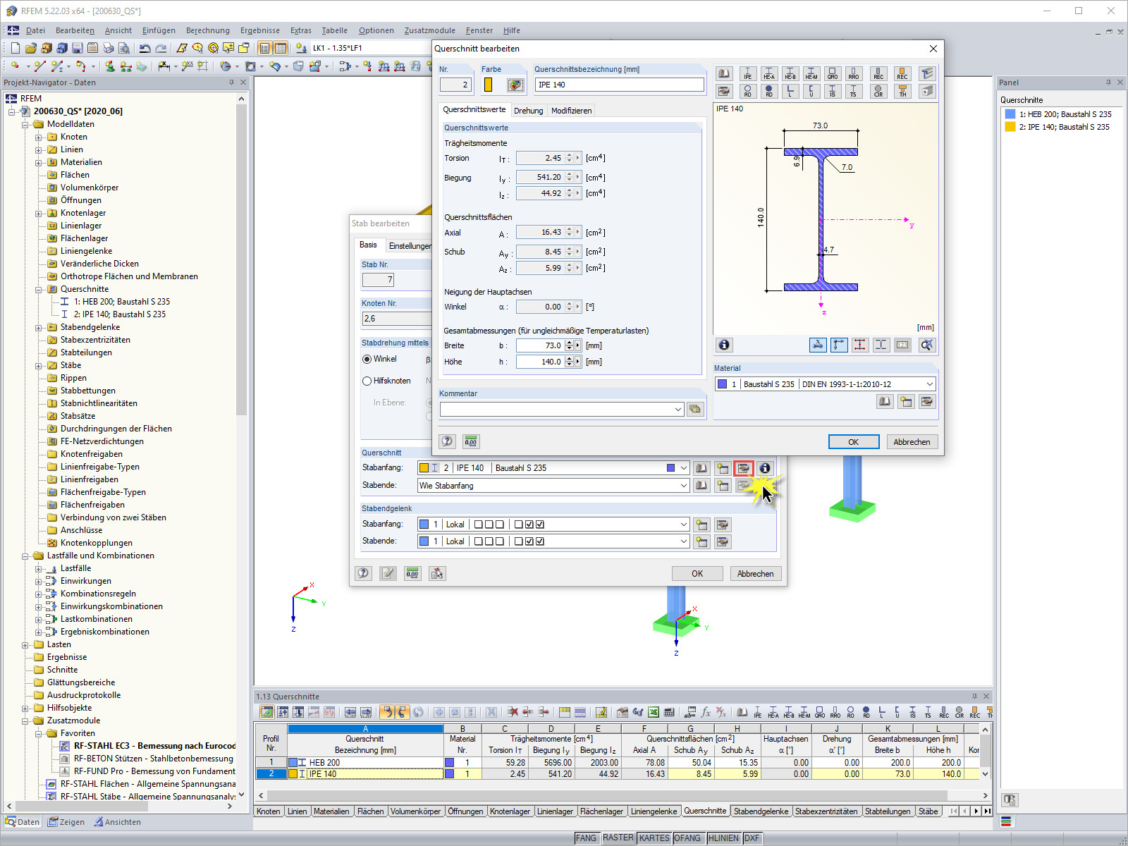 Querschnitt bearbeiten