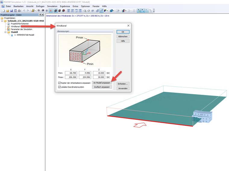 Anpassung der Windkanalgröße