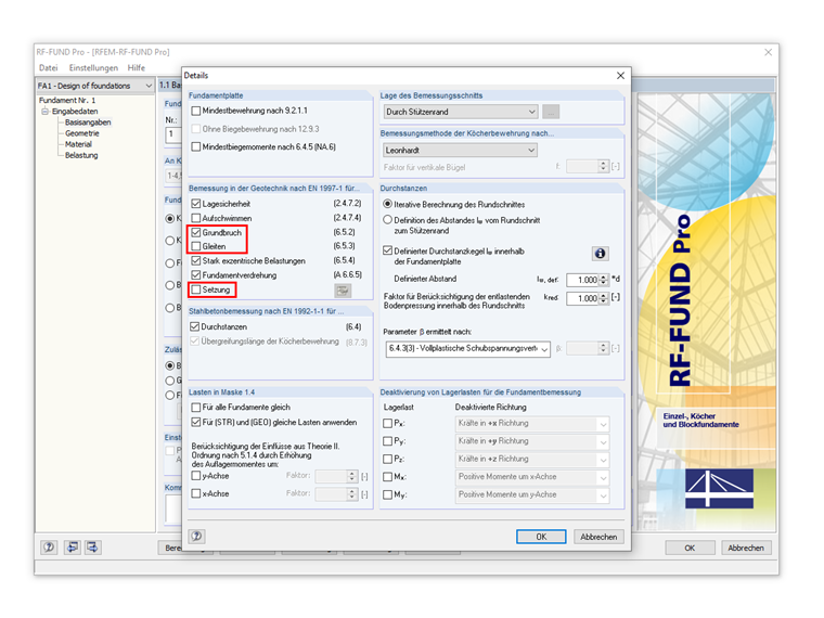 Optionen für die zu führenden Nachweise (Gleiten, Grundbruch, Setzung)