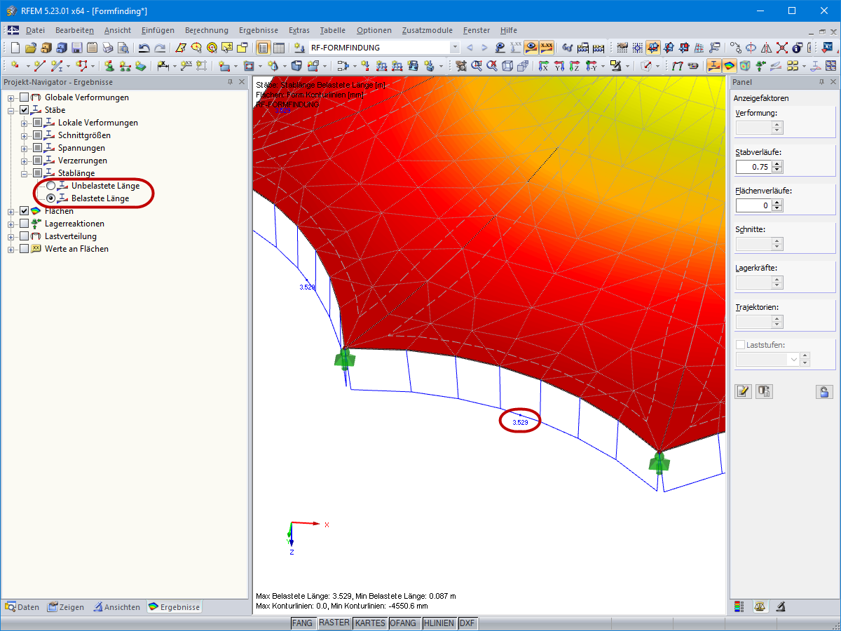 Ausgabe der Stablänge nach der Formfindung