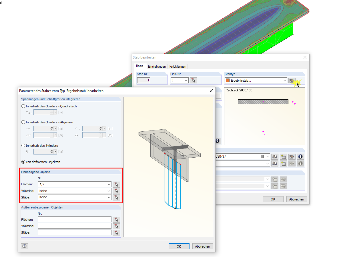 Einstellung der einbezogenen Objekte beim Ergebnisstab