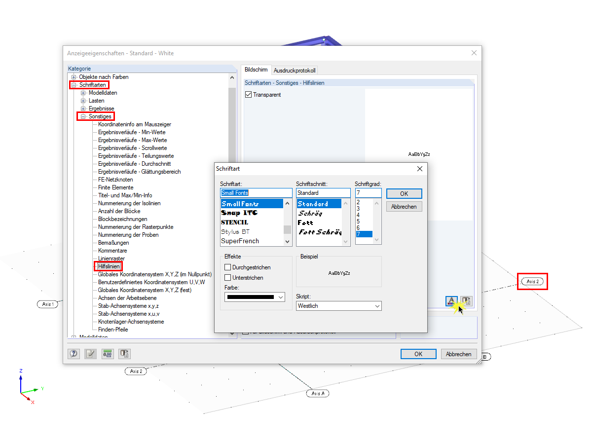 Anzeigeeigenschaften für die Schriftart der Hilfslinien