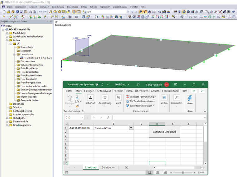 Über das Makro erzeugte trapezförmige Linienlast