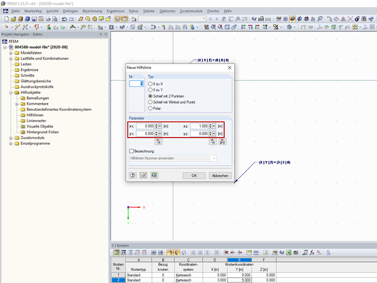 Koordinaten der Hilfslinie (rot markiert)