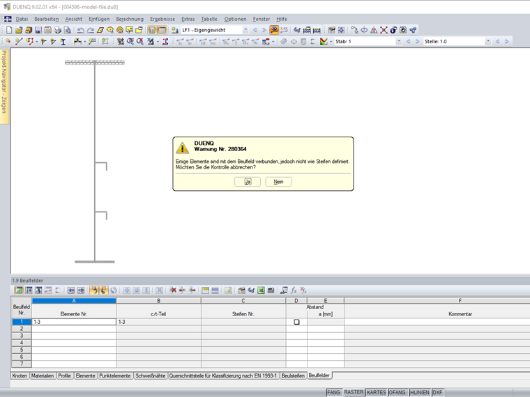 Fehlermeldung "Einige Elemente sind mit dem Beulfeld verbunden, jedoch nicht wie Steifen definiert."