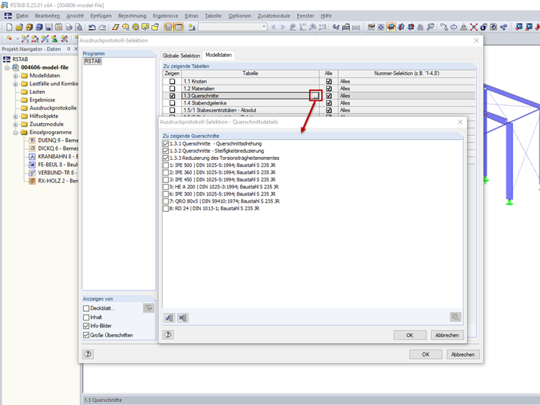Ausdruckprotokoll-Selektion - Querschnittsdetails