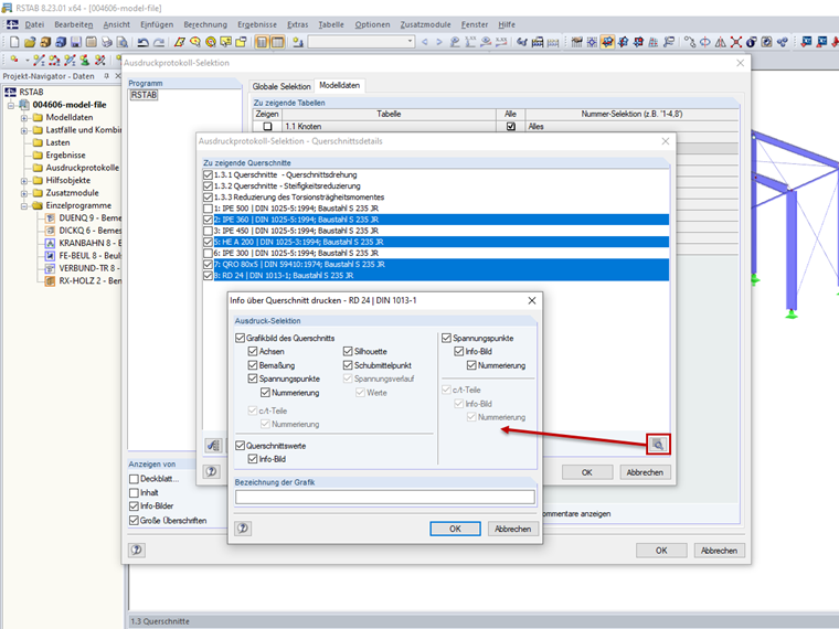 Info über Querschnitt drucken