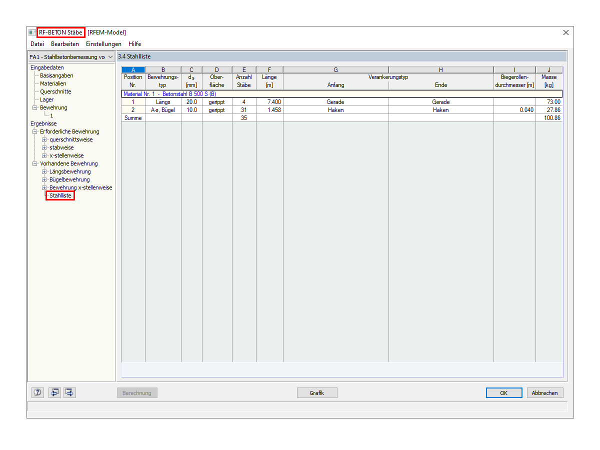 Stahlliste in RF-BETON Stäbe