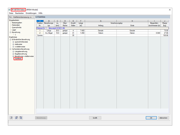 Stahlliste in RF-BETON Stäbe
