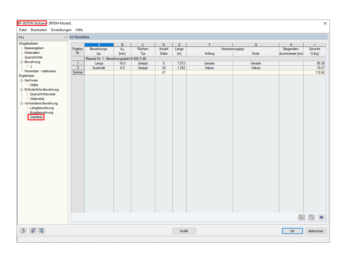 Stahlliste in RF-BETON Stützen