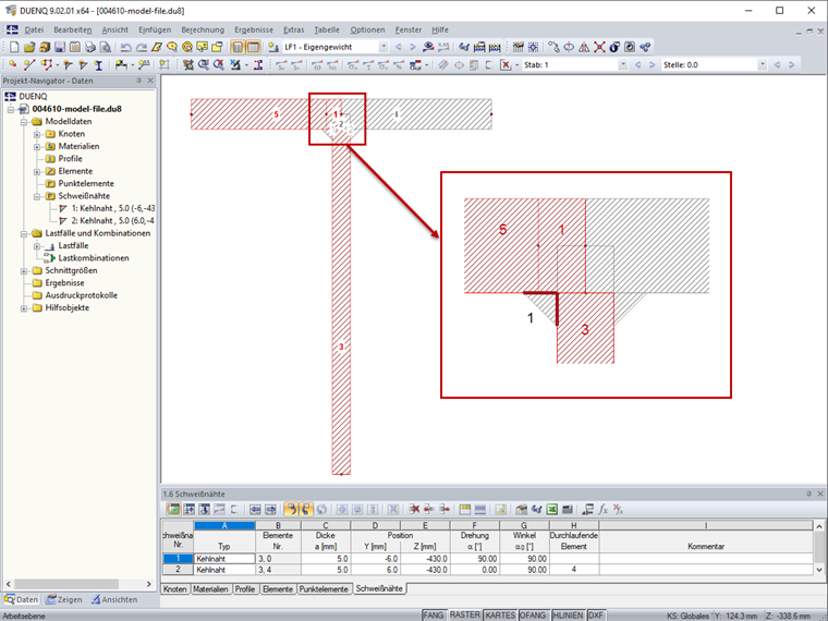 An Schweißnaht 1 angeschlossene Elemente 1, 3 und 5 (rot markiert)