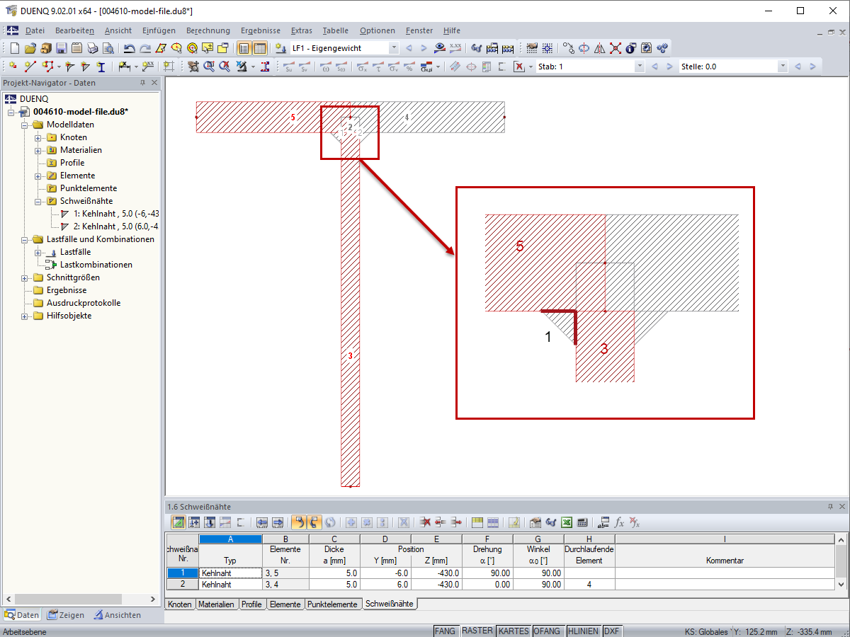 An Schweißnaht 1 angeschlossene Elemente 3 und 5 (rot markiert)