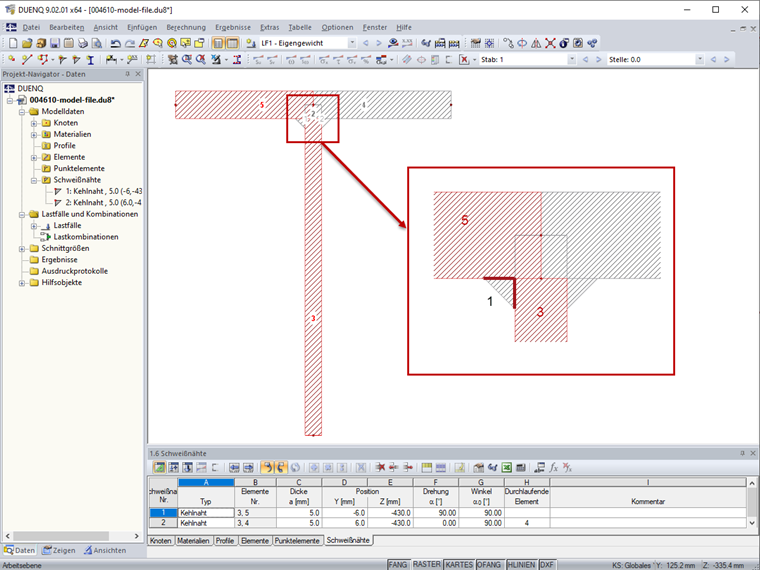 An Schweißnaht 1 angeschlossene Elemente 3 und 5 (rot markiert)