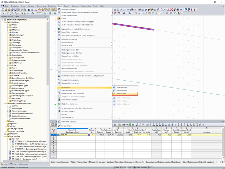 Funktionen zum Extrudieren von Linien und Stäben