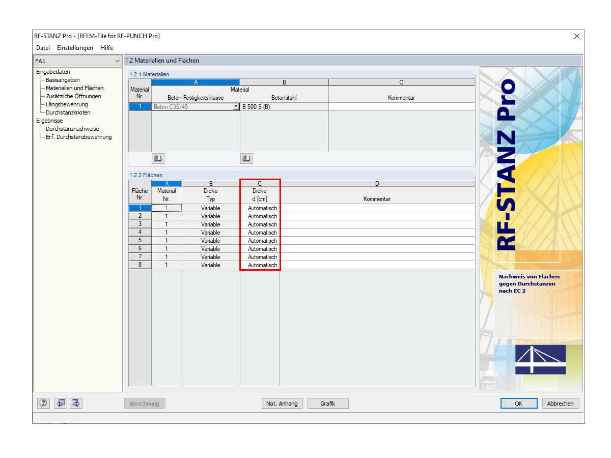 Maske 1.2 Materialien und Flächen in RF-STANZ Pro mit der Einstellung der Flächendicke