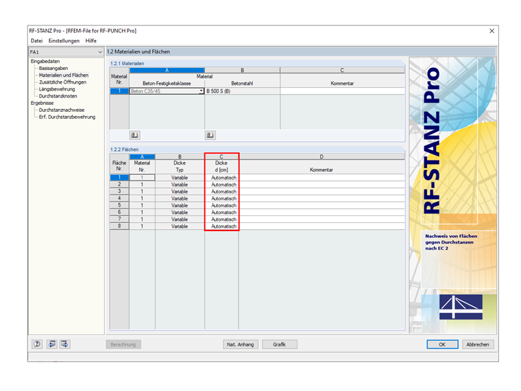 Maske 1.2 Materialien und Flächen in RF-STANZ Pro mit der Einstellung der Flächendicke