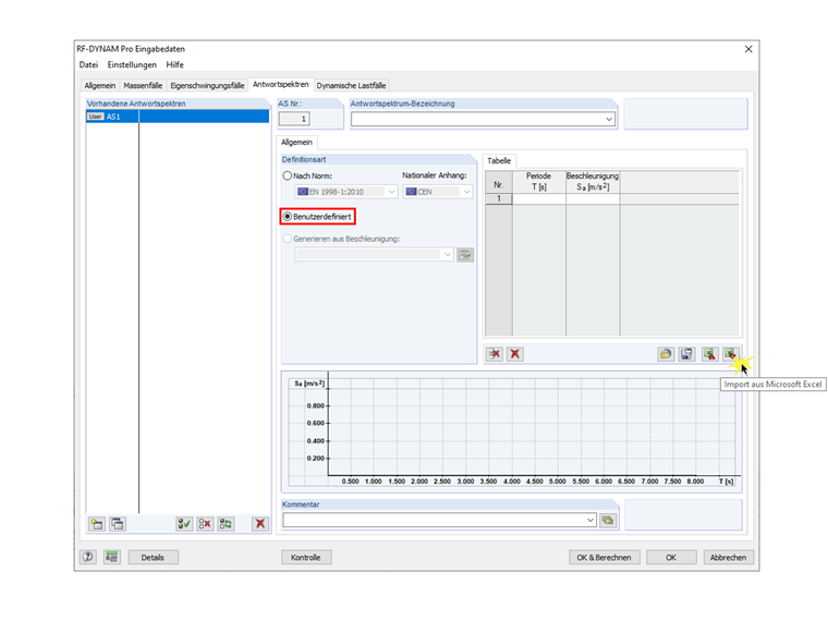 Import der Parameter eines benutzerdefinierten Antwortspektrums aus Excel