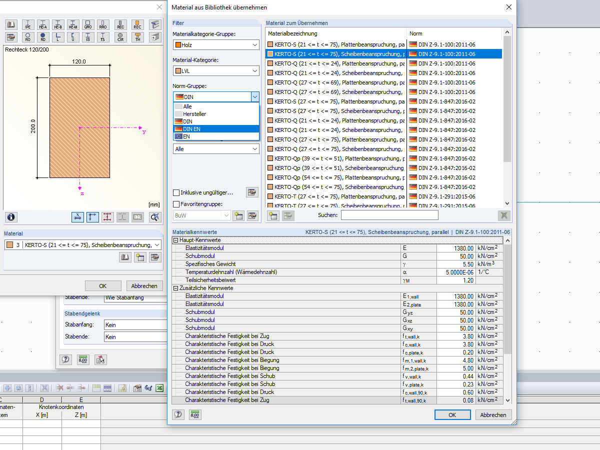 Modell eines Furnierschichtholzbalkens in einer Materialdatenbank.