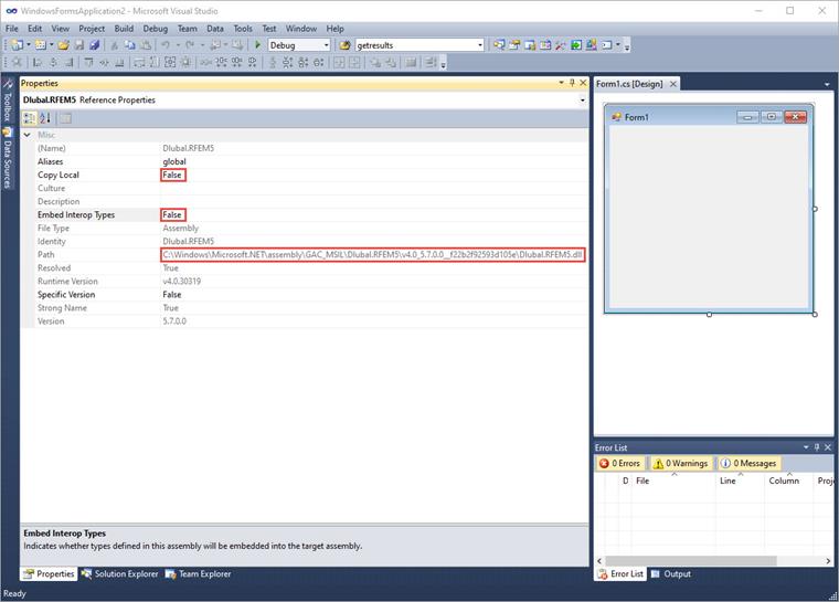 Pfad und Eigenschaften einer korrekt eingebundenen Dlubal.RFEM5.dll