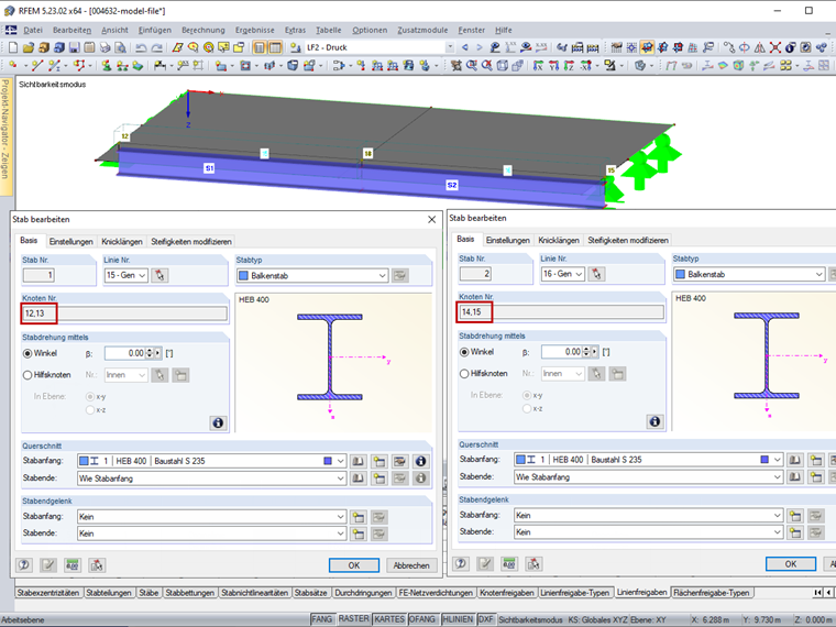 Linien und Knoten der Stäbe 1 und 2