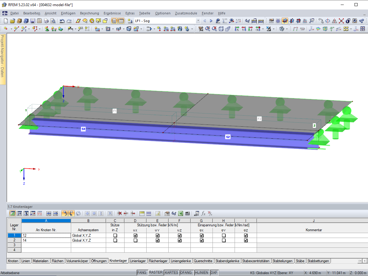 Knotenlager an Stäben 1 und 2