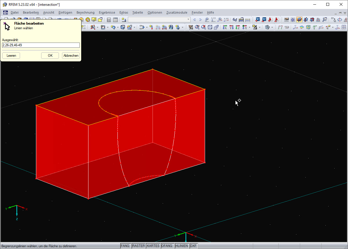 Neue selektierte Begrenzungslinien der Deckfläche