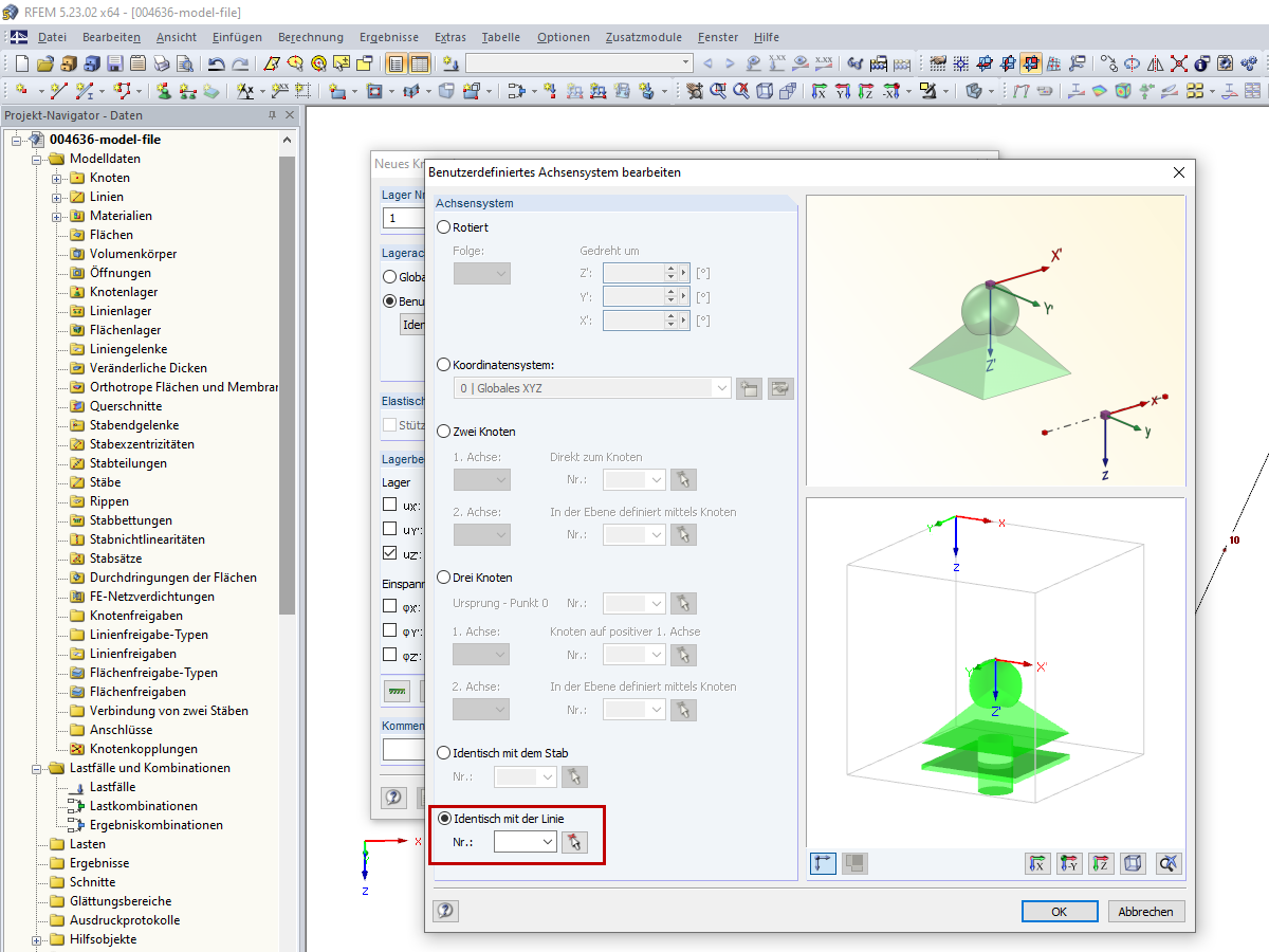 Benutzerdefiniertes Achsensystem bearbeiten - Identisch mit der Linie