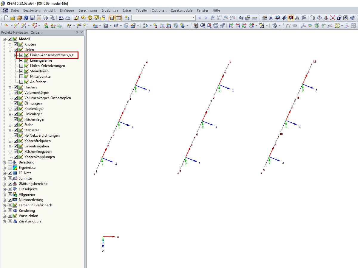 Aktivieren der lokalen Linienachsensysteme x,y,z im Zeigen-Navigator
