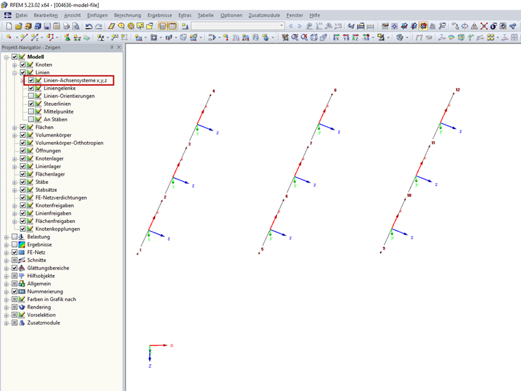 Aktivieren der lokalen Linienachsensysteme x,y,z im Zeigen-Navigator